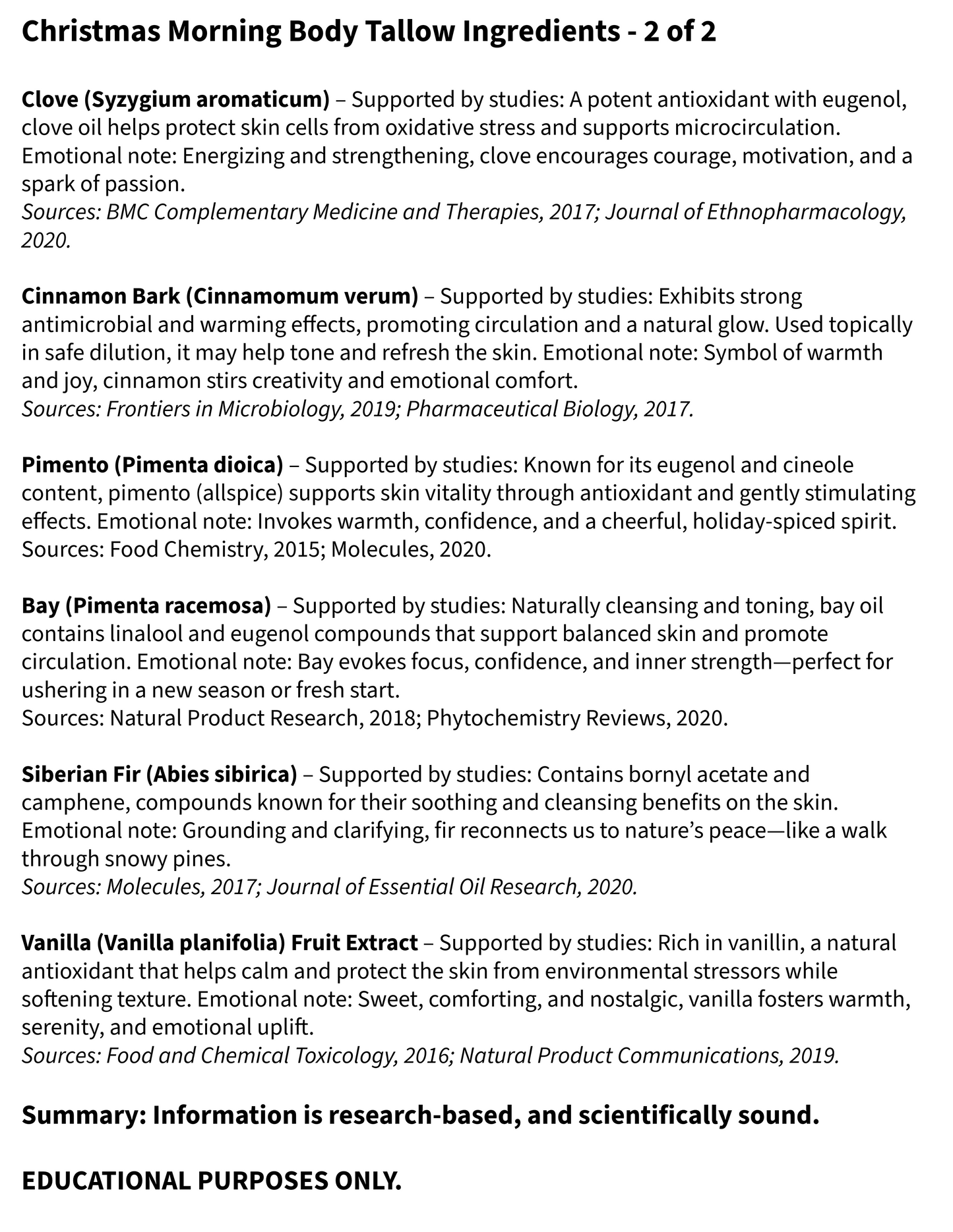 List of Christmas Morning Body Tallow Ingredients with supporting sources on a white background