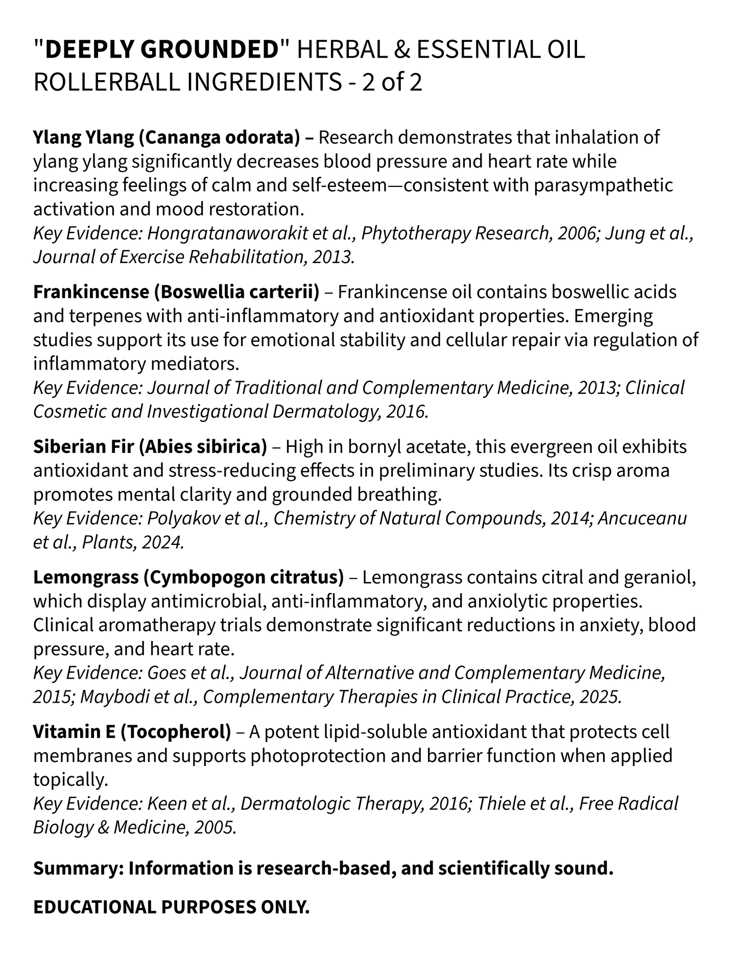 List of herbal and essential oil rollerball ingredients with research references on a white background.