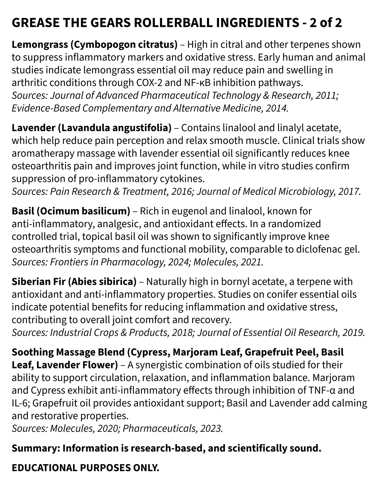 List of rollerball ingredients with sources cited on a white background