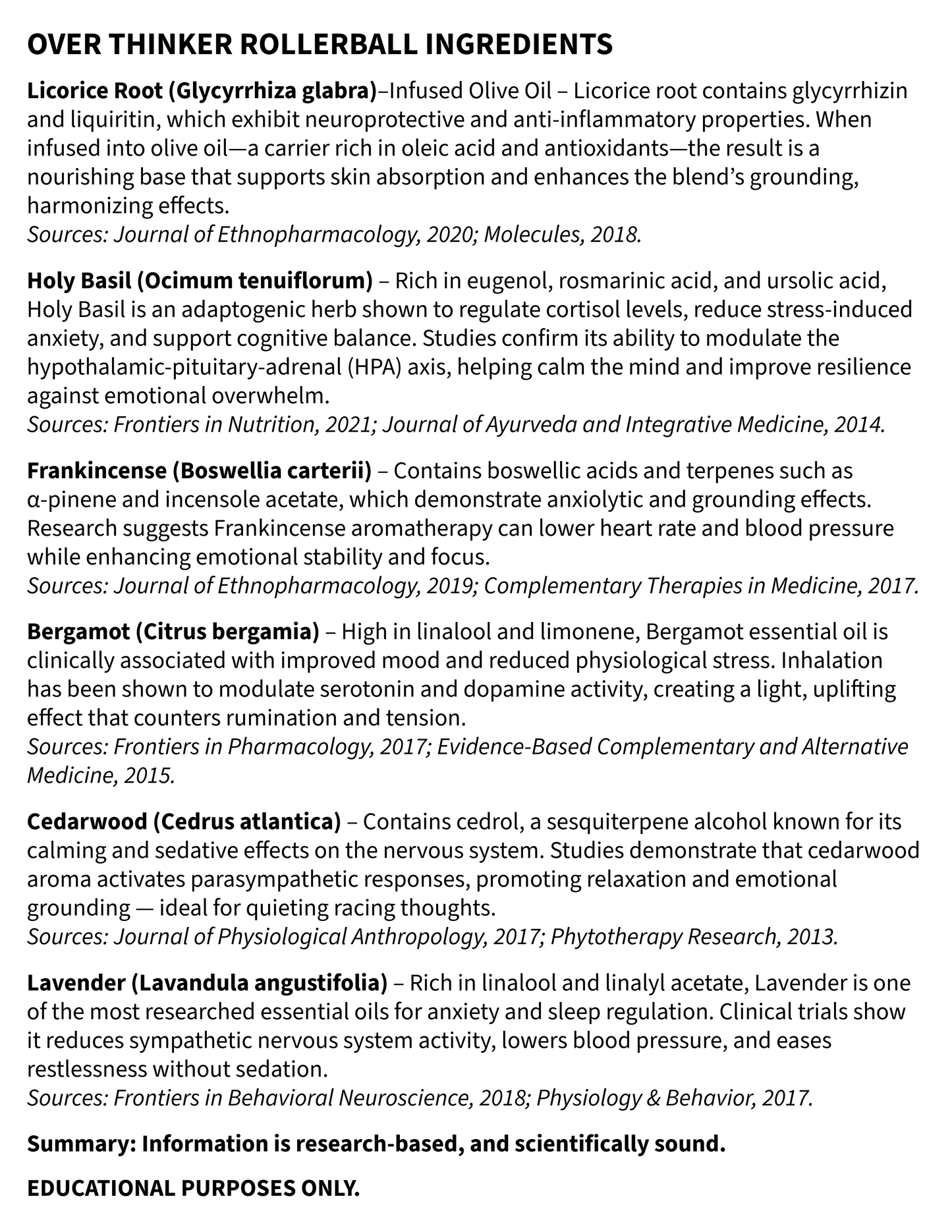 Text detailing the ingredients of an over thinker rollerball with their sources and properties.
