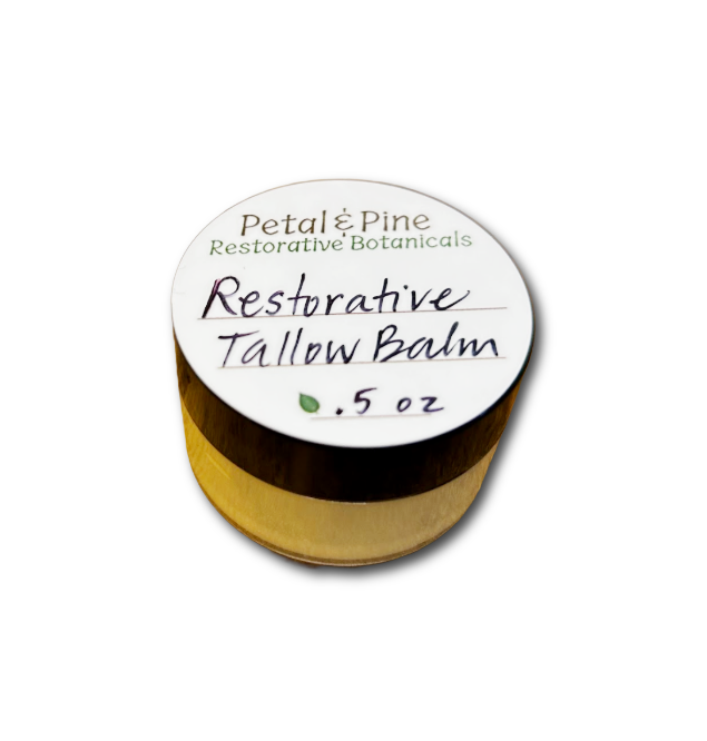 Small container of Restorative Tallow Balm with 'Petal & Pine' branding on a white background .5 oz