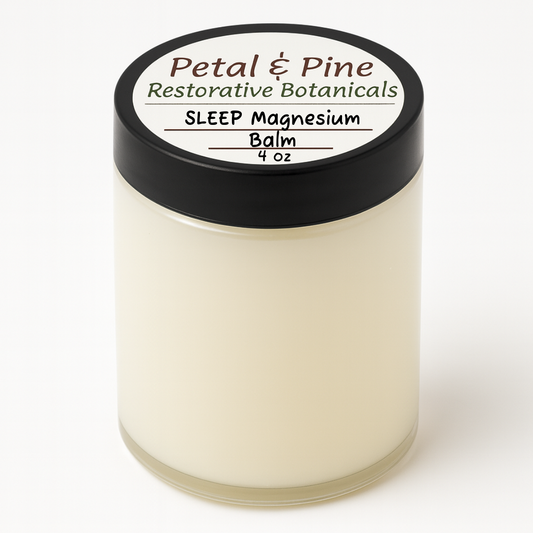 Jar of Petal & Pine Restorative Botanicals Sleep Magnesium Balm on a white background