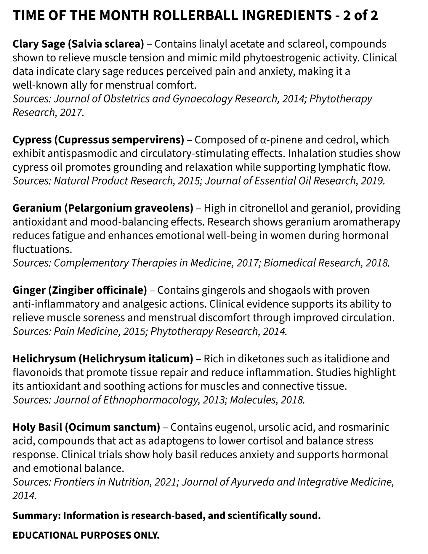 List of rollerball ingredients with their properties and sources on a white background