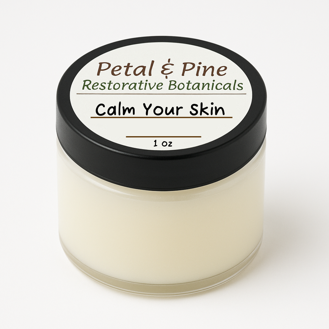 calm your skin Jar of 'Petal & Pine' restorative botanicals on a white background