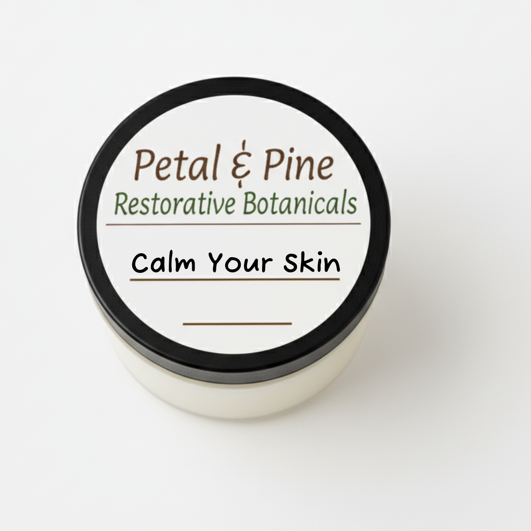 calm your skin Jar of 'Petal & Pine Restorative Botanicals' on a white background