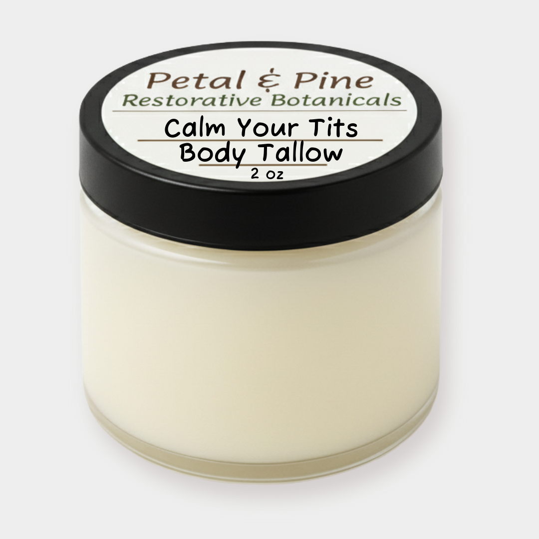 Jar of 2 oz 'Calm Your Tits' body tallow from Petal & Pine on a white background