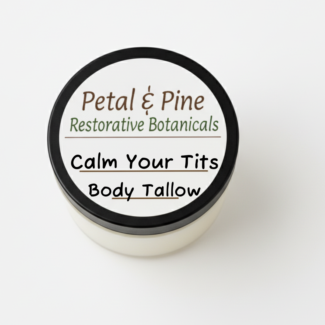 Top View of Jar of 'Calm Your Tits Body Tallow' by Petal & Pine on a white background