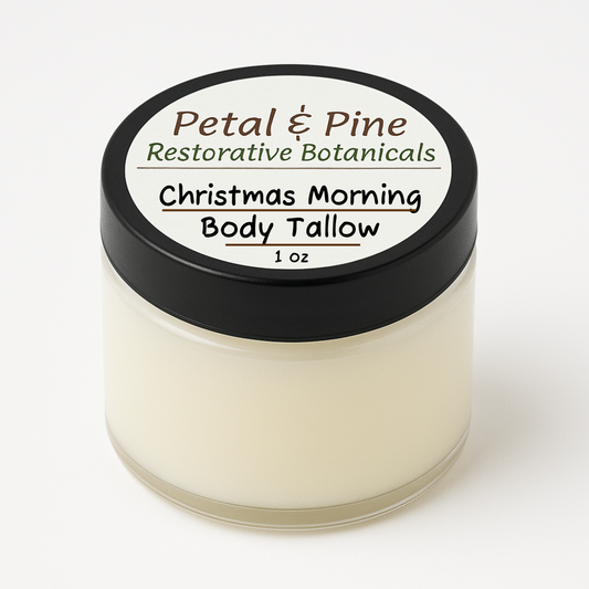 Jar of 'Christmas Morning Body Tallow' by Petal & Pine on a white background