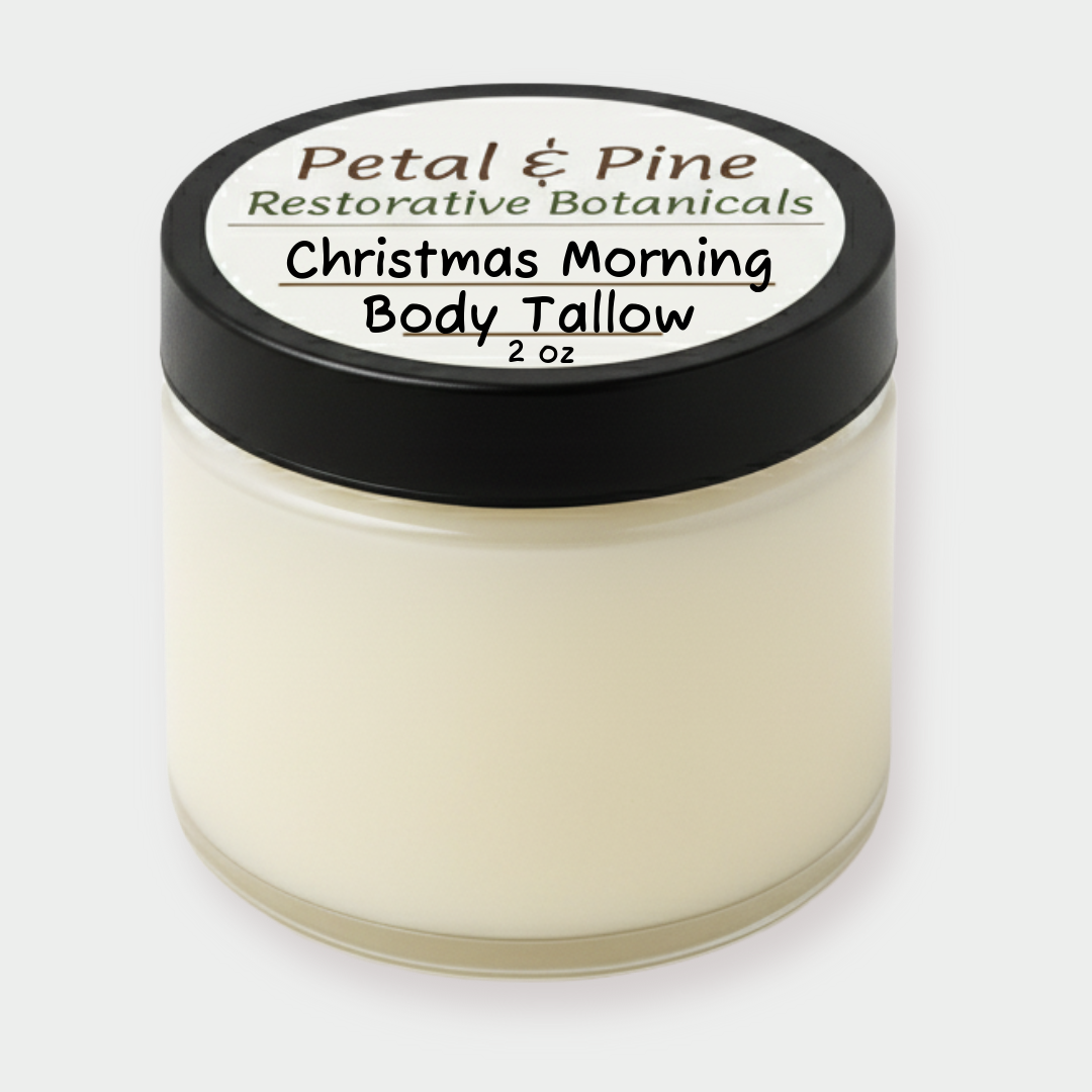 Jar of 'Christmas Morning Body Tallow' by Petal & Pine on a white background