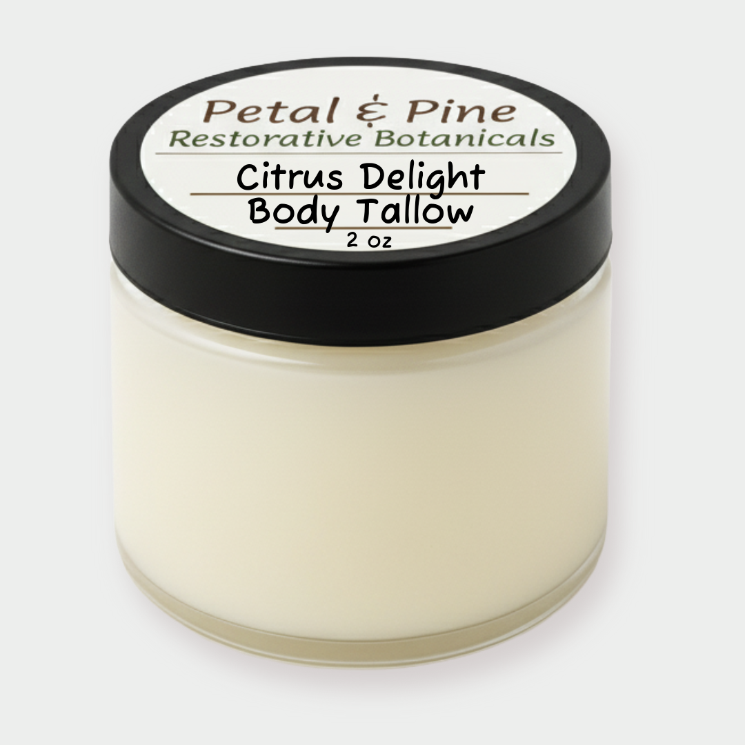 Jar of Citrus Delight Body Tallow from Petal & Pine on a white background
