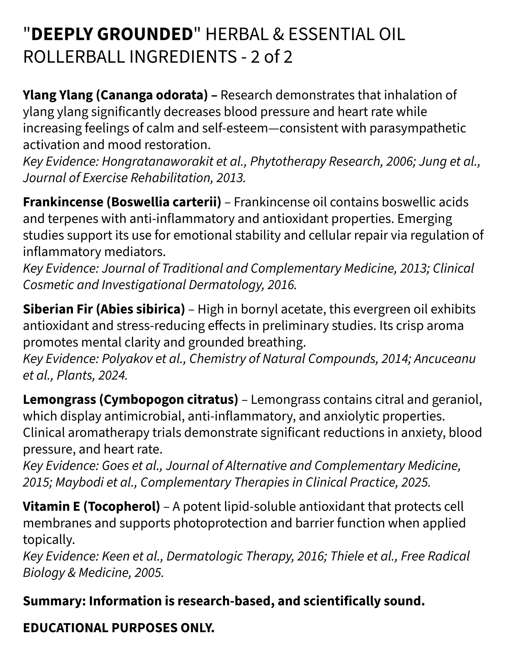 List of herbal and essential oil rollerball ingredients with research references on a white background.