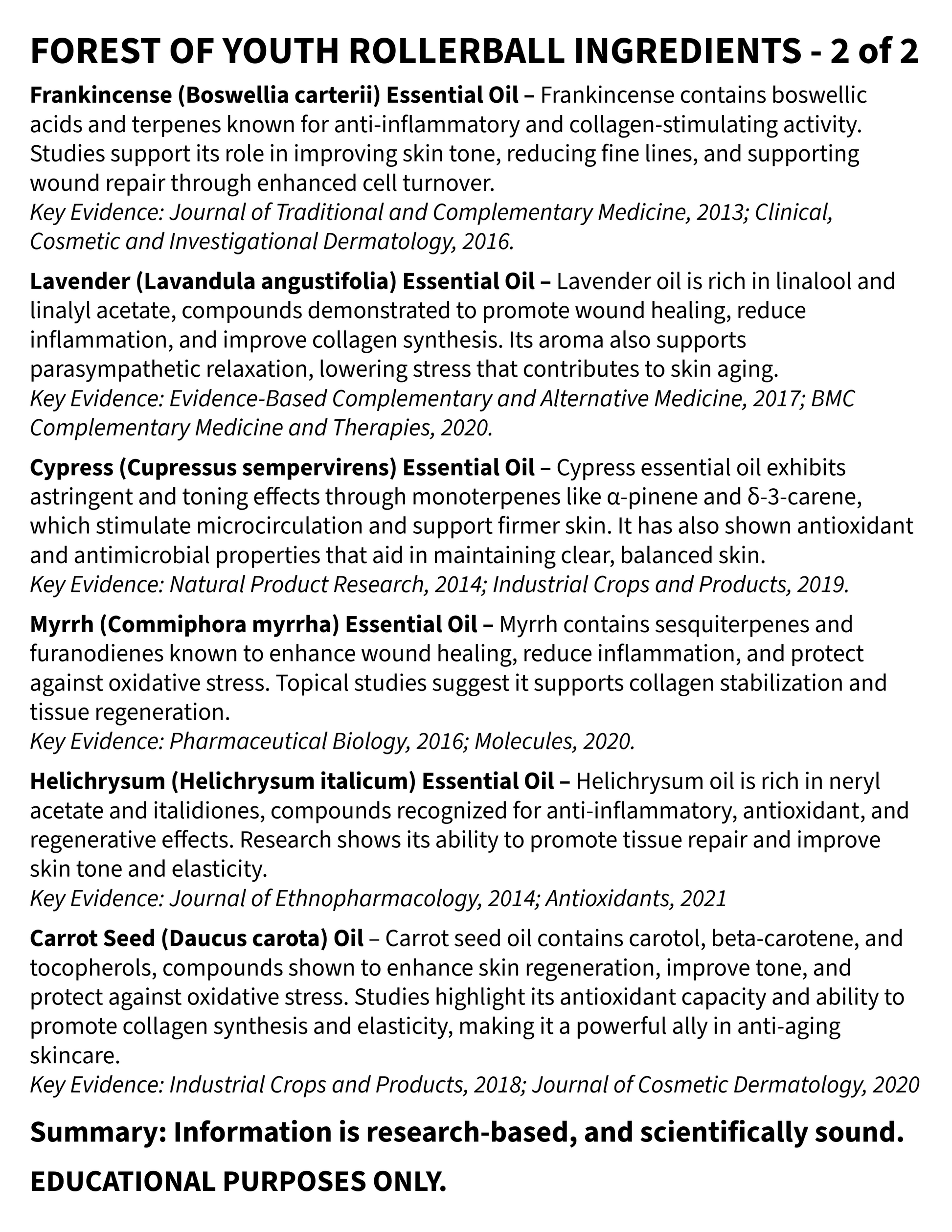 List of rollerball ingredients with their properties and scientific evidence on a white background