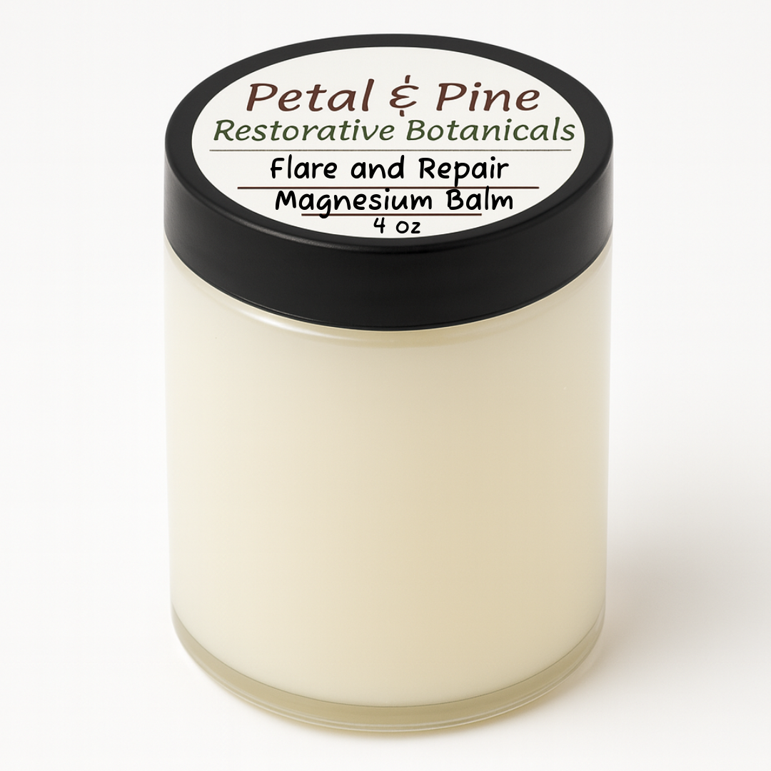 Jar of Petal & Pine Restorative Botanicals magnesium balm on a white background