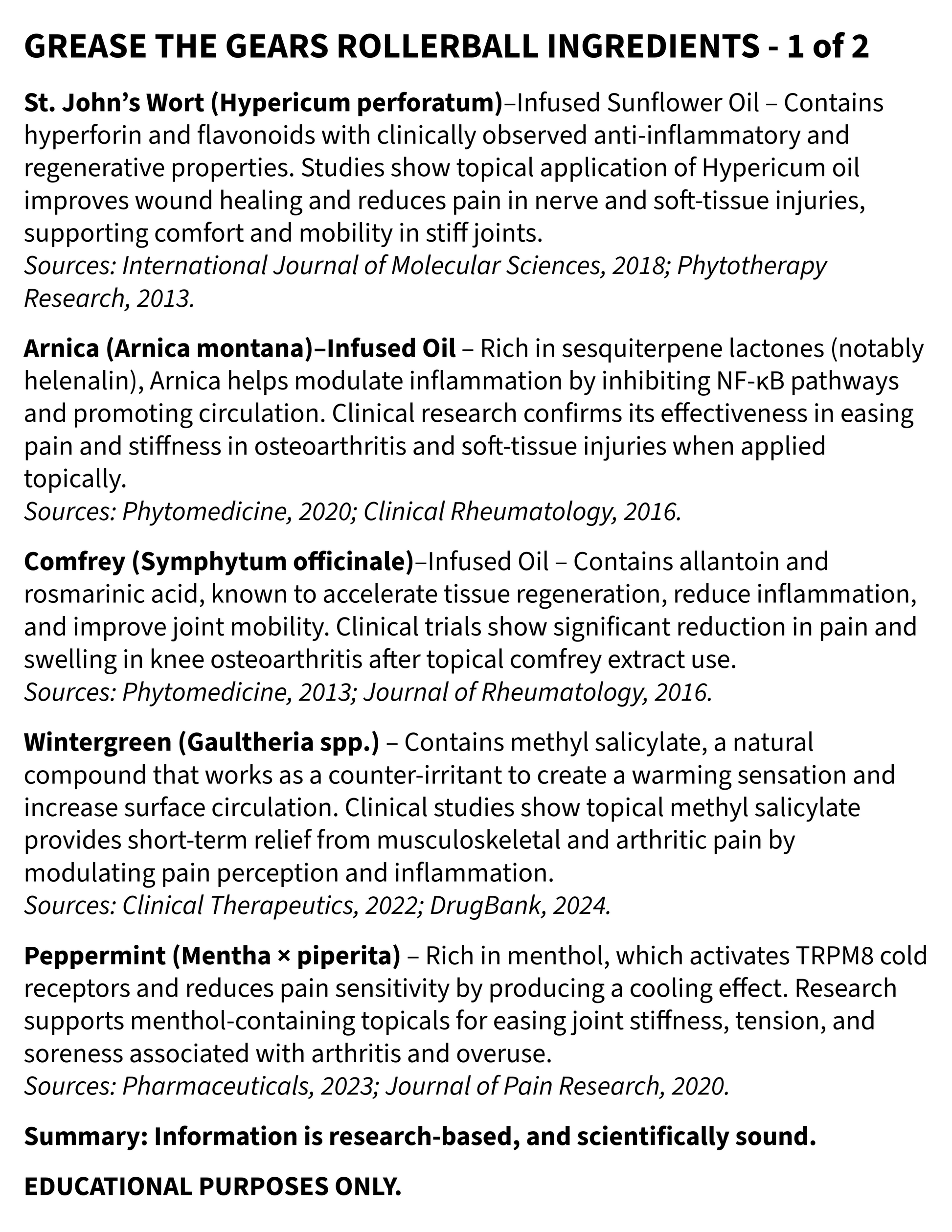 List of ingredients for Grease the Gears Rollerball with sources cited on a white background