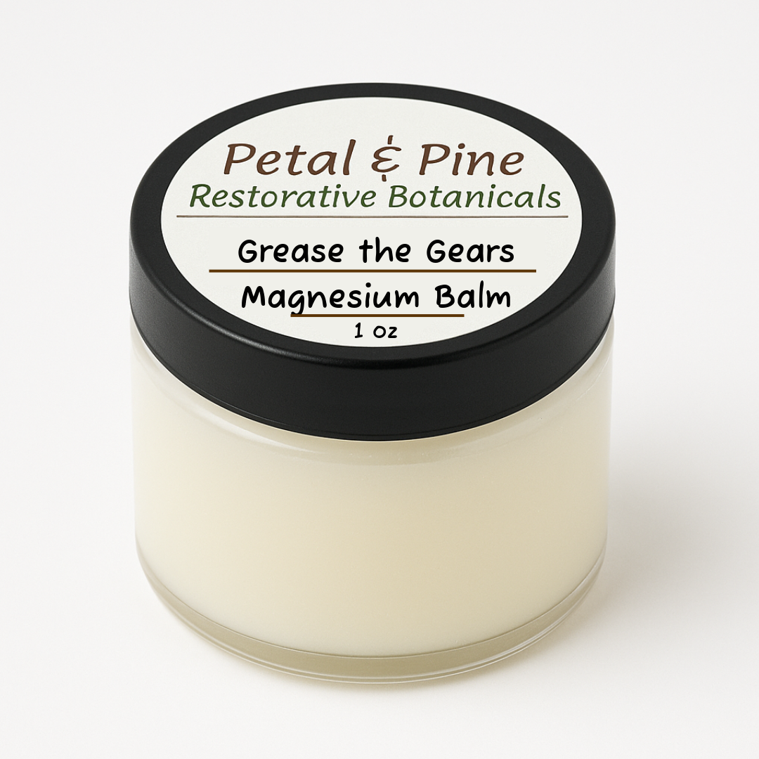 Jar of 'Grease the Gears' magnesium balm by Petal & Pine on a white background