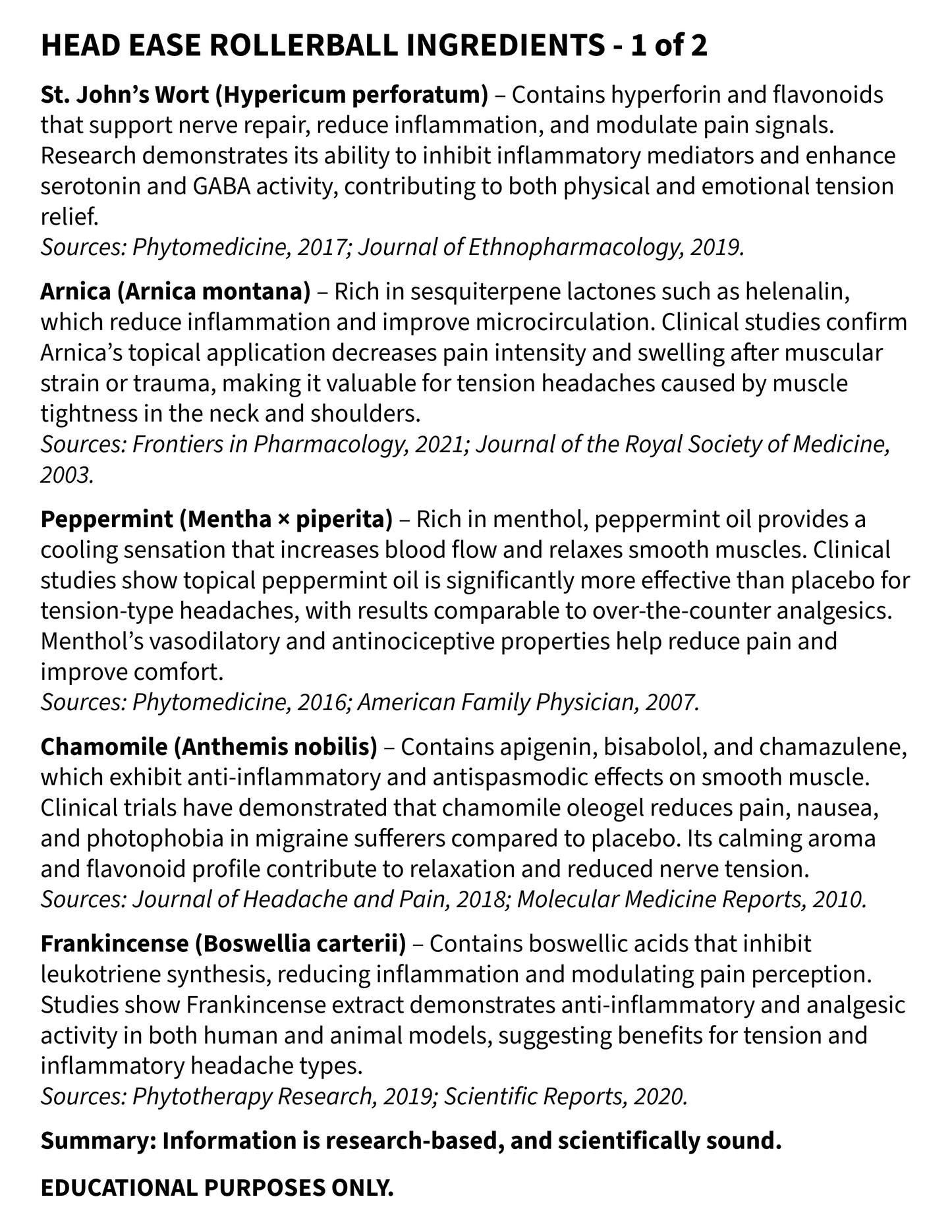 List of rollerball ingredients with their sources and effects on pain relief.