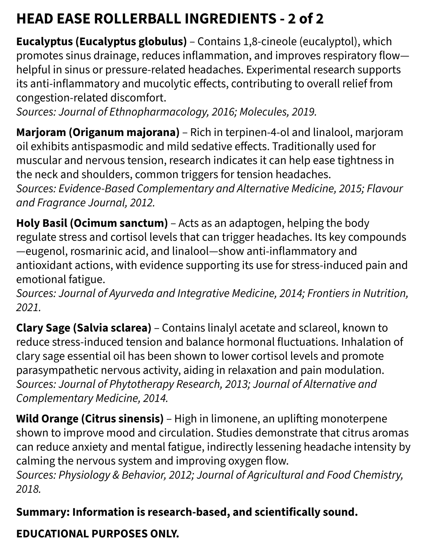 List of rollerball ingredients with their sources and effects on a white background