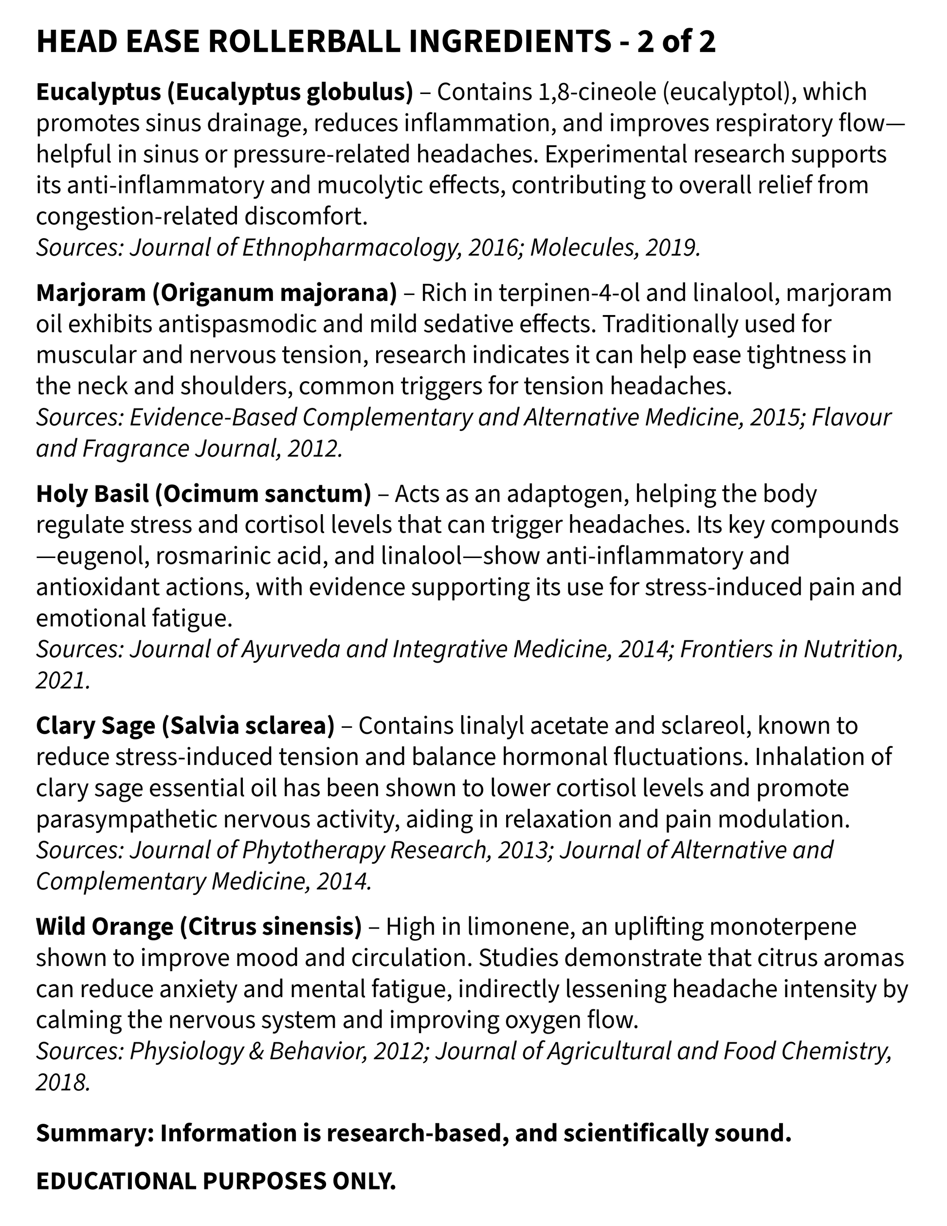 List of rollerball ingredients with their sources and effects on a white background