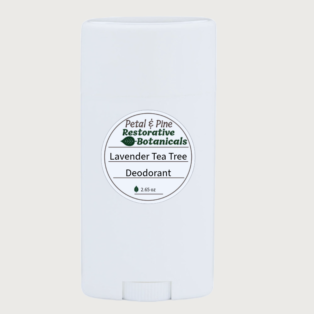 Deodorant bar with a Petal & Pine Lavender Tea Tree label on a light beige background