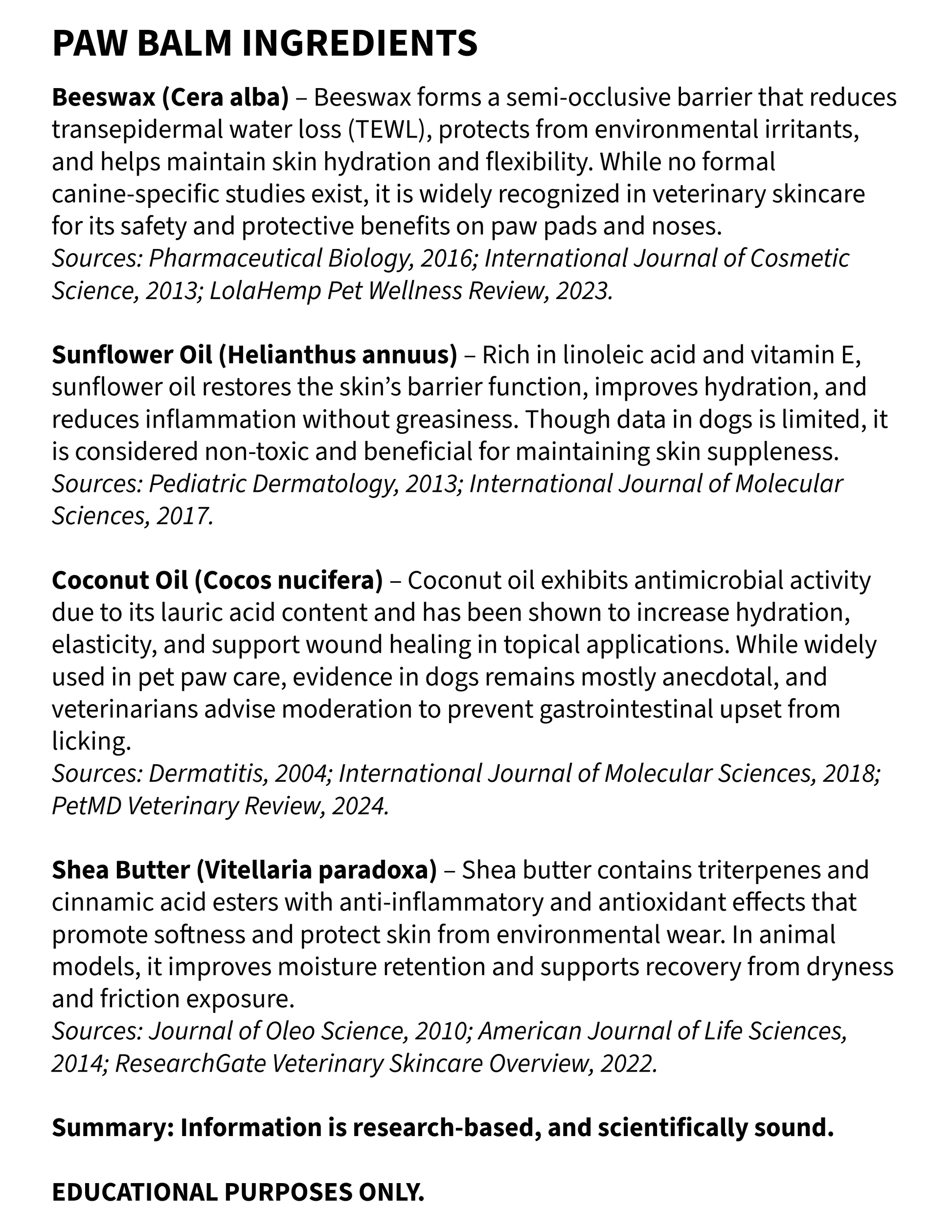 List of paw balm ingredients with sources on a white background