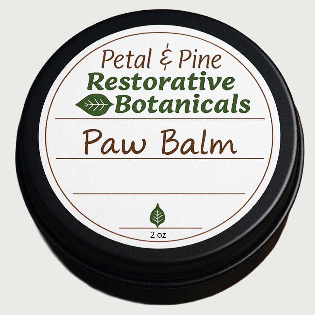 Petal & Pine Restorative Botanicals Paw Balm container on a light background