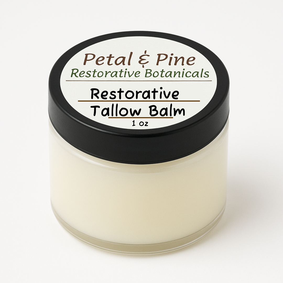 Jar of Restorative Tallow Balm with 'Petal & Pine' label on a white background