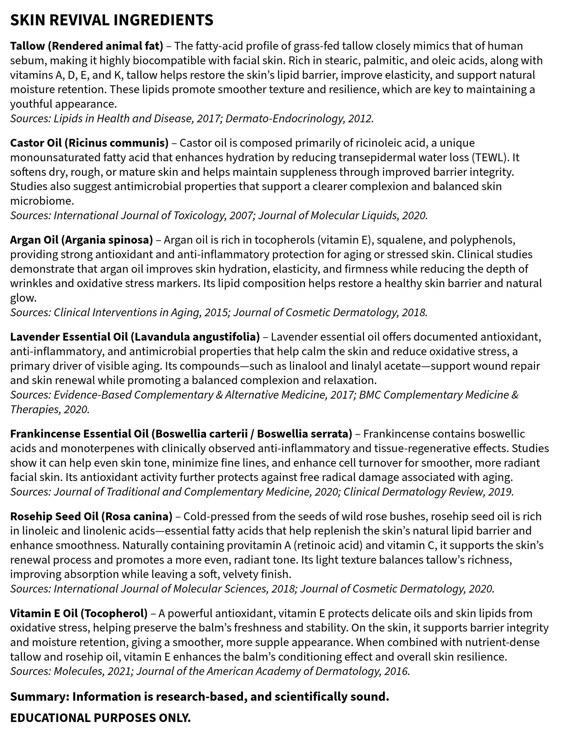 Text document listing skincare ingredients with their benefits and sources.