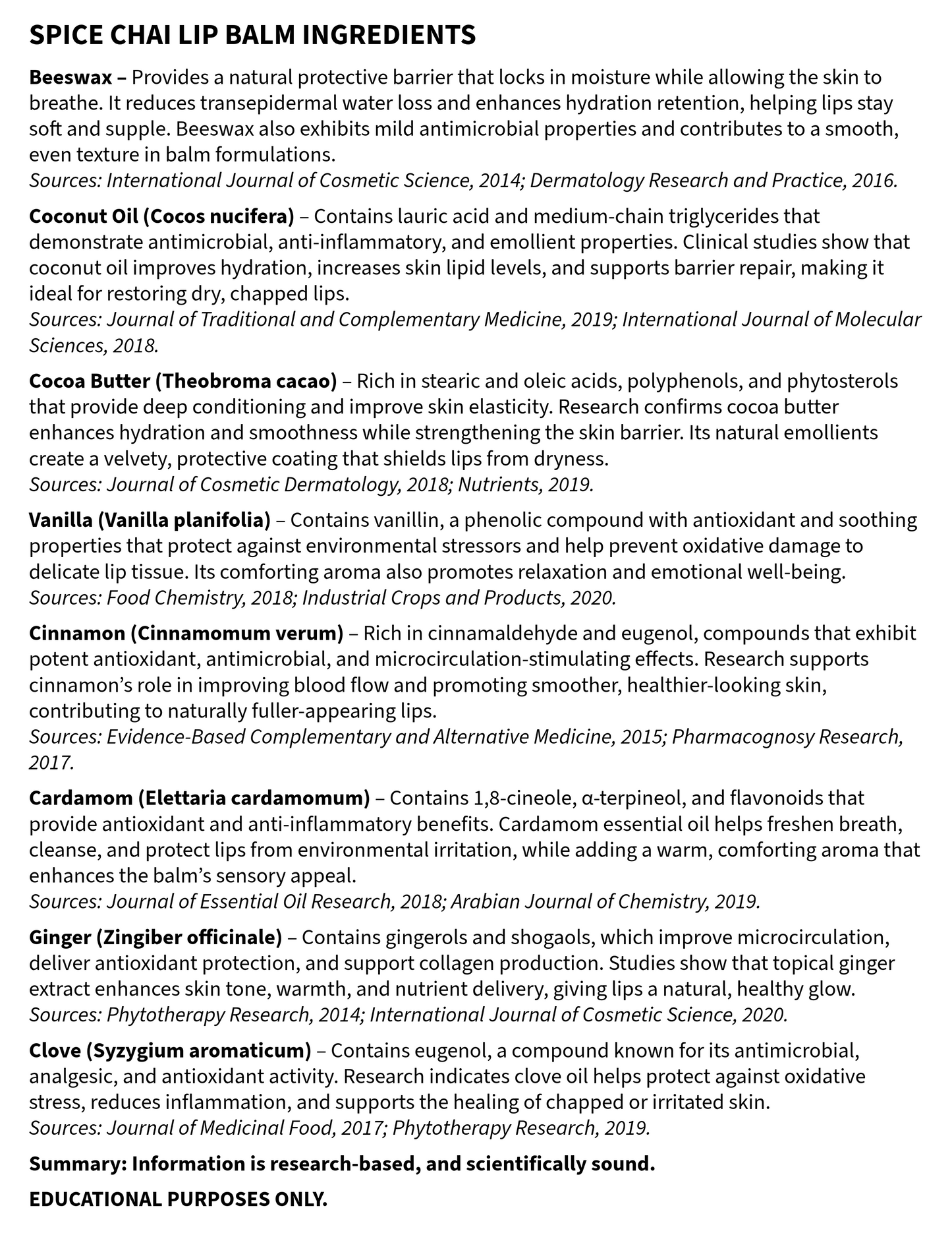 List of ingredients for Spice Chai Lip Balm with sources cited.