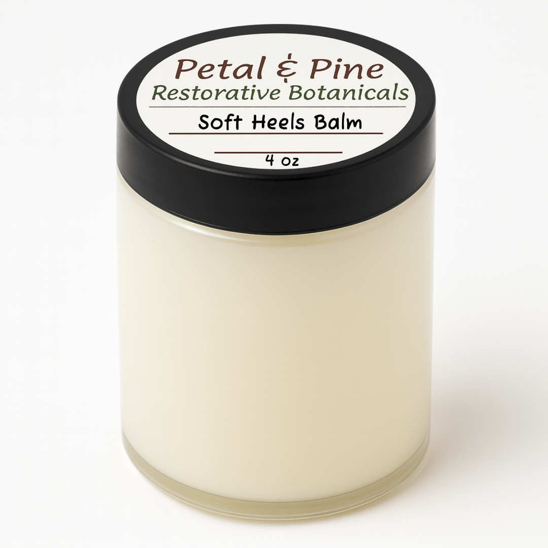 Jar of 'Soft Heels Balm' by Petal & Pine on a white background