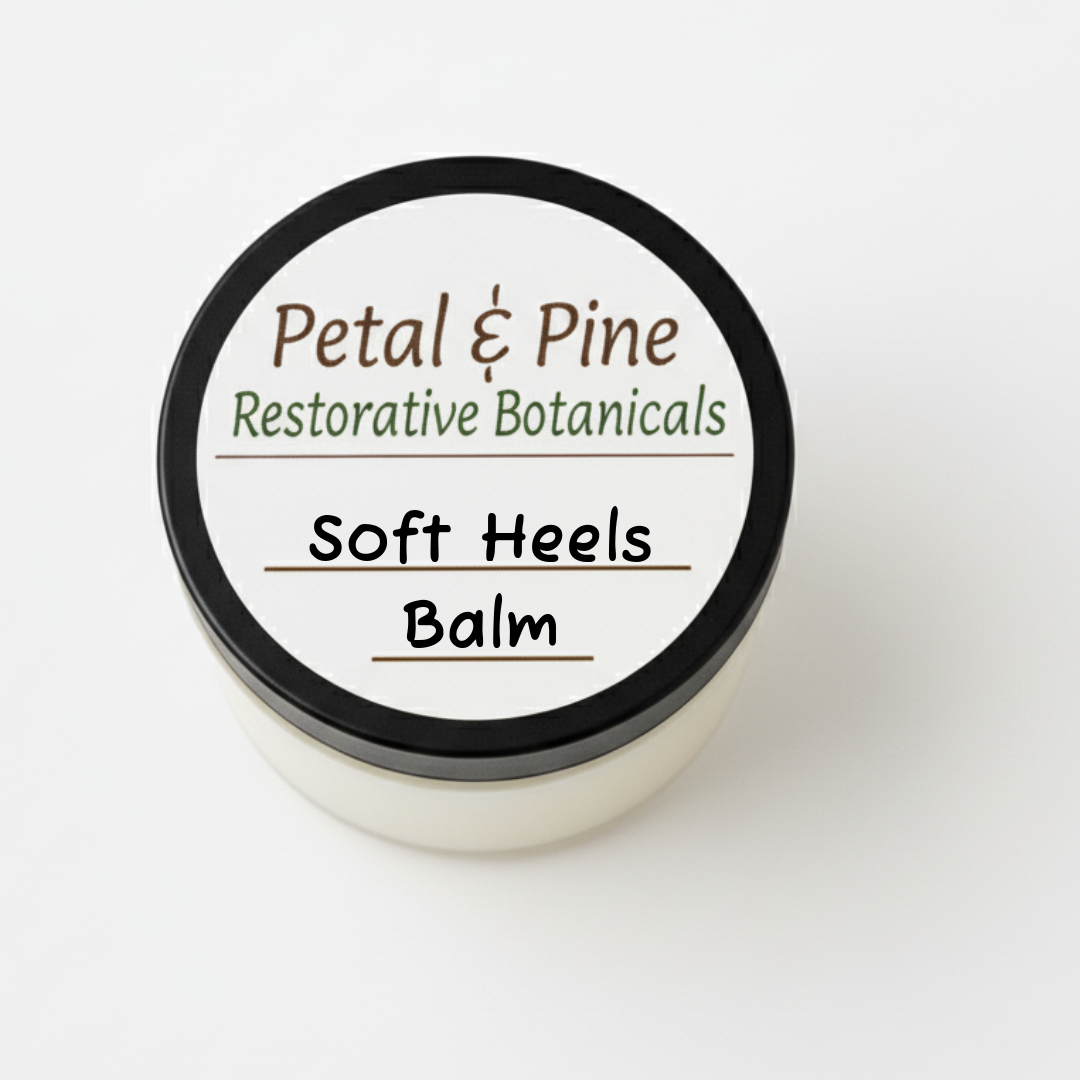 Jar of 'Soft Heels Balm' by Petal & Pine on a white background