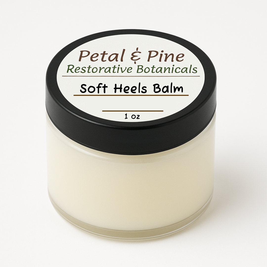 Jar of 'Soft Heels Balm' by Petal & Pine on a white background