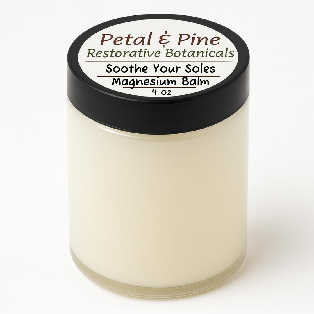 Jar of 'Soothe Your Soles' magnesium balm with 'Petal & Pine' label on a white background 4 oz 
