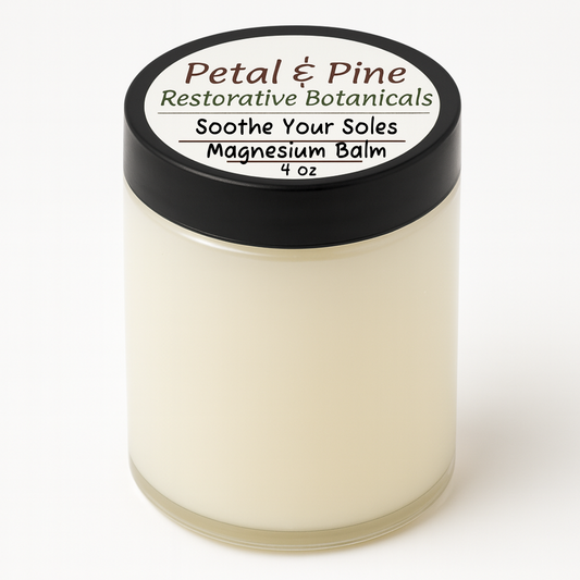 Jar of 'Soothe Your Soles' magnesium balm with 'Petal & Pine' label on a white background 4 oz 
