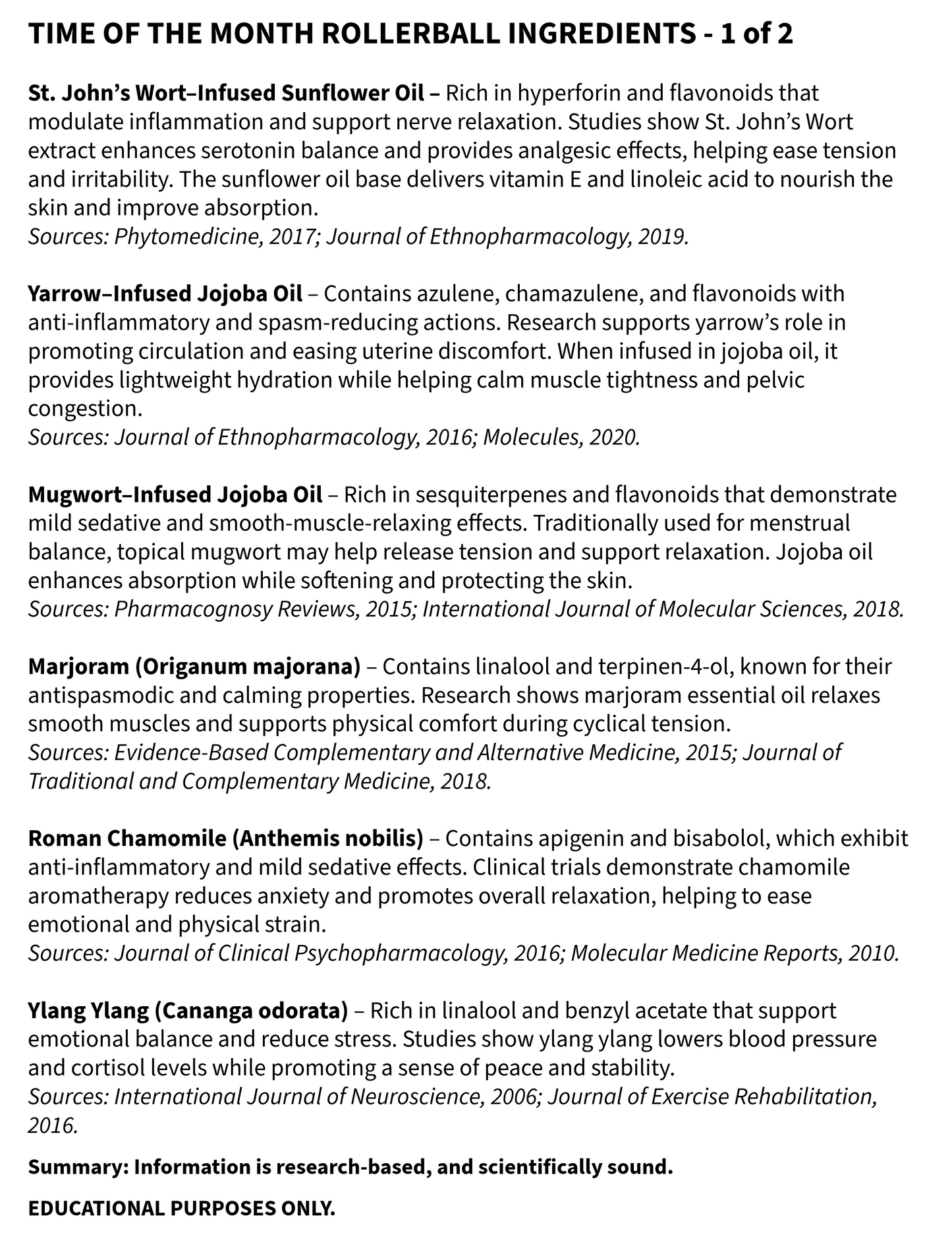 List of rollerball ingredients with their sources and benefits on a white background