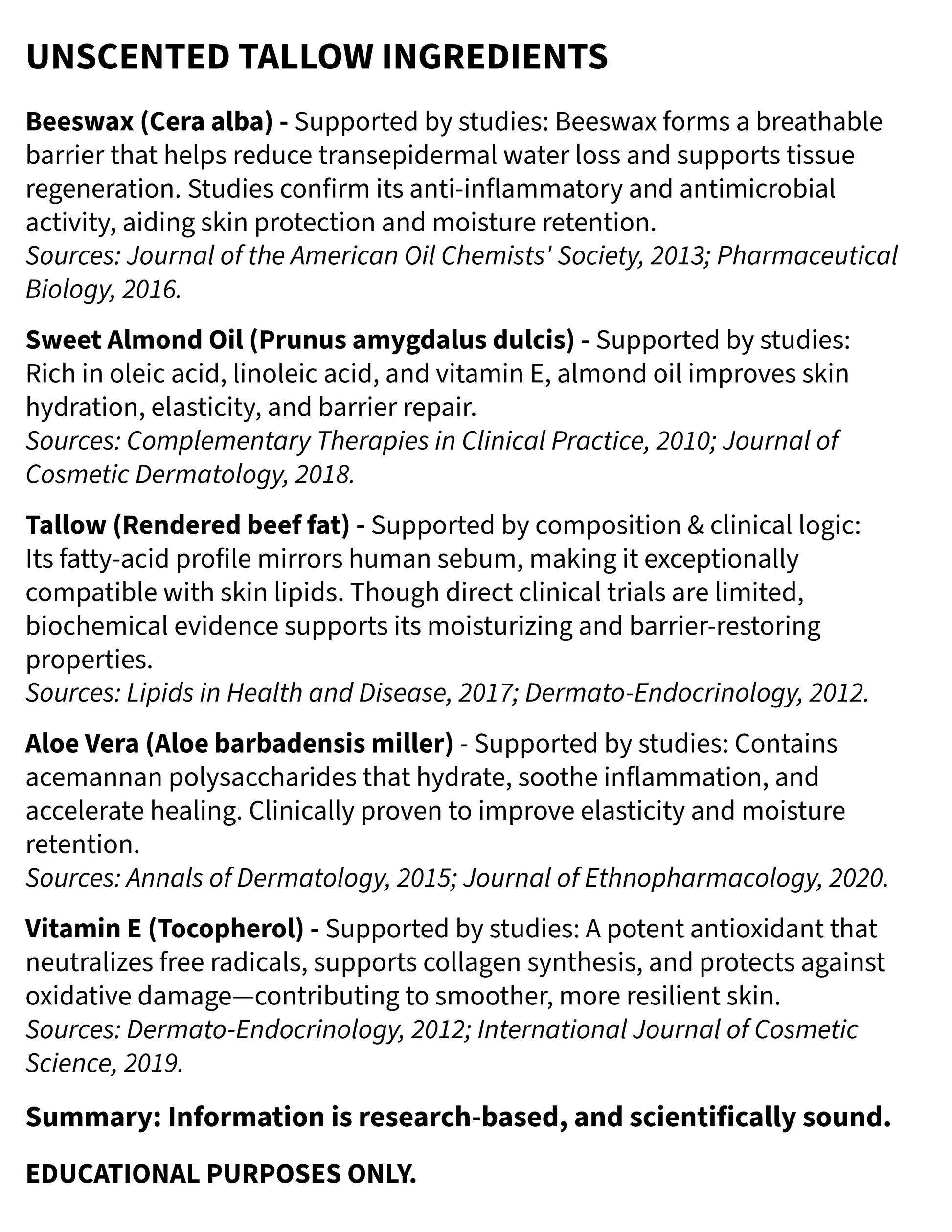 List of unscented tallow ingredients with supporting studies on a white background