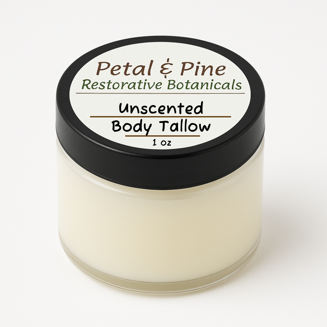 Unscented body tallow jar with 'Petal & Pine' label on a white background
