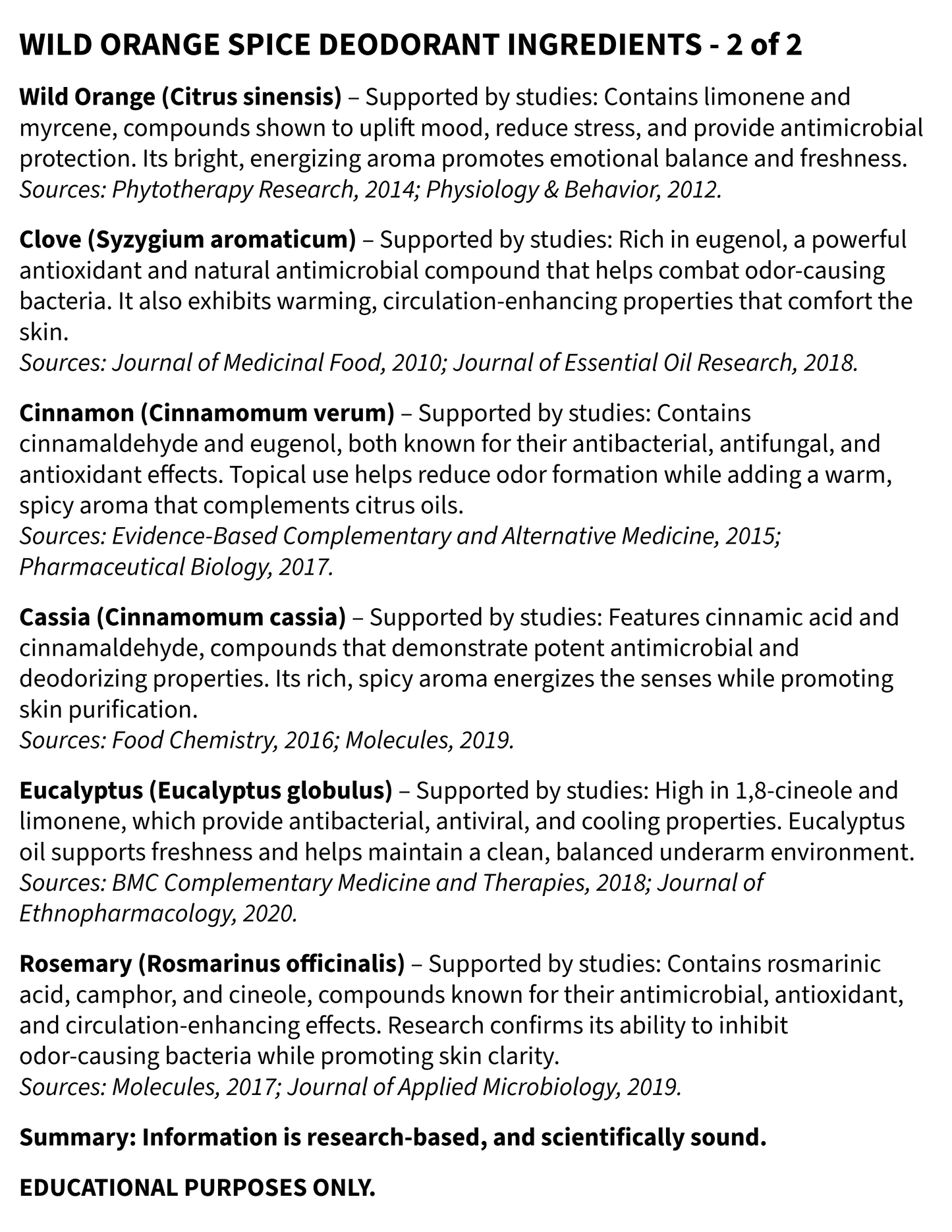 List of ingredients and their benefits for Wild Orange Spice Deodorant, supported by scientific studies.